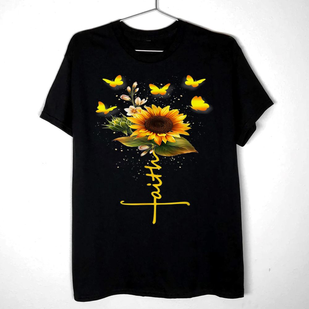 Vintage Faith Cross Sunflower Butterflies Flowers Christians Shirt Unisex Standard T-Shirt black s